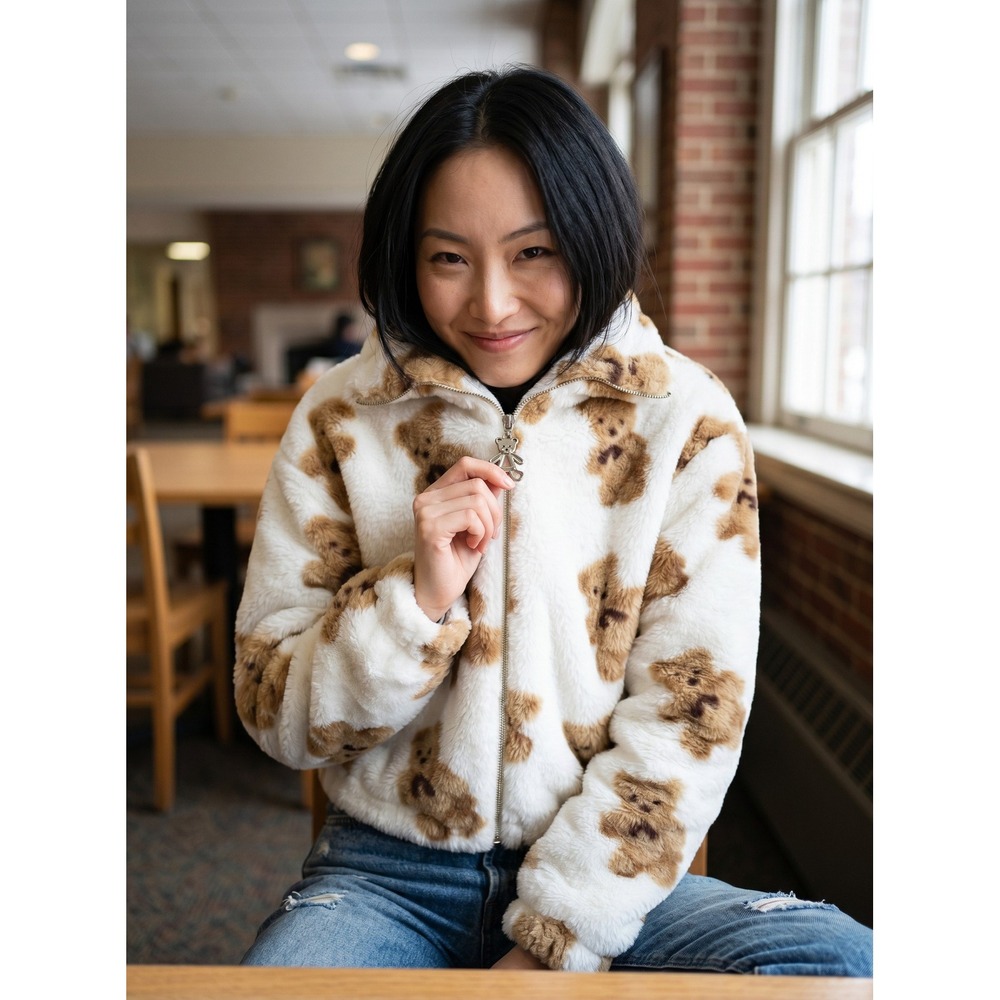 Kyoyo Womens Plush Teddy Bear Zip Up Bomber Cozy Teddycore Soft Girl Twee M